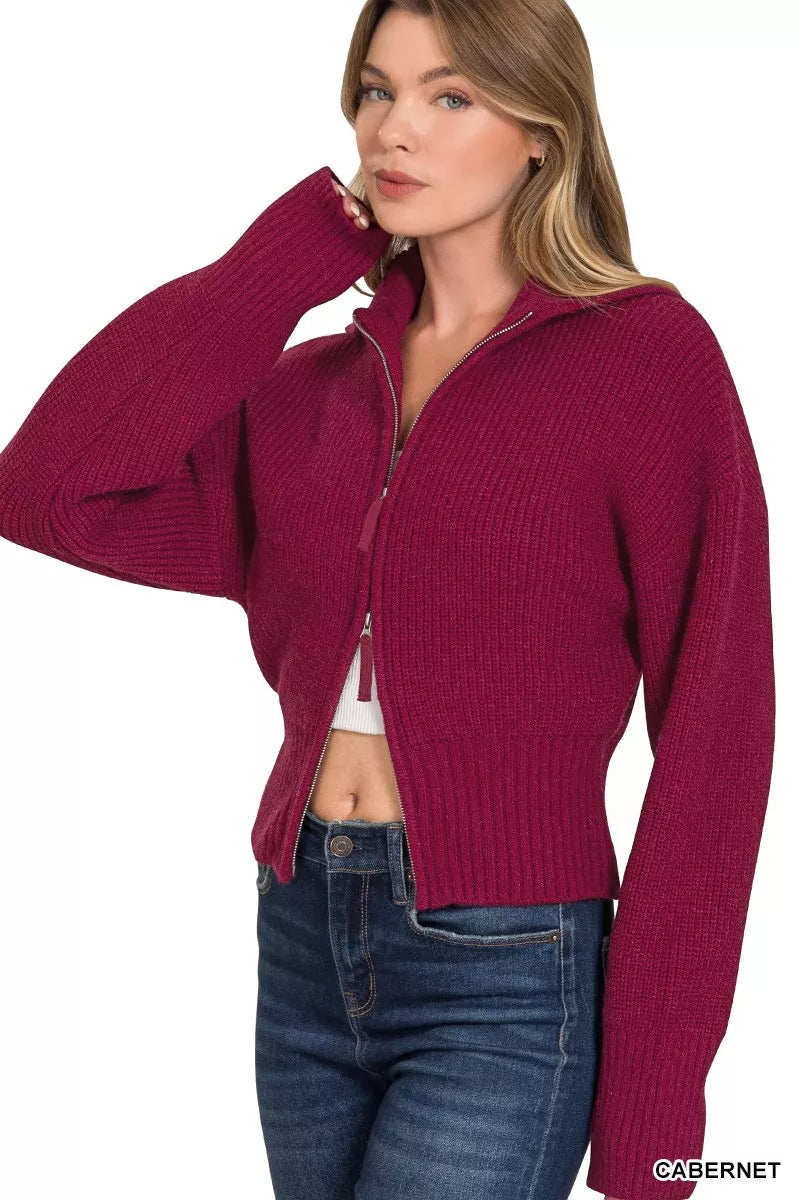 Zenana Ribbed Collared Zip Up Sweater Cardigan – Cozy Women’s Knit