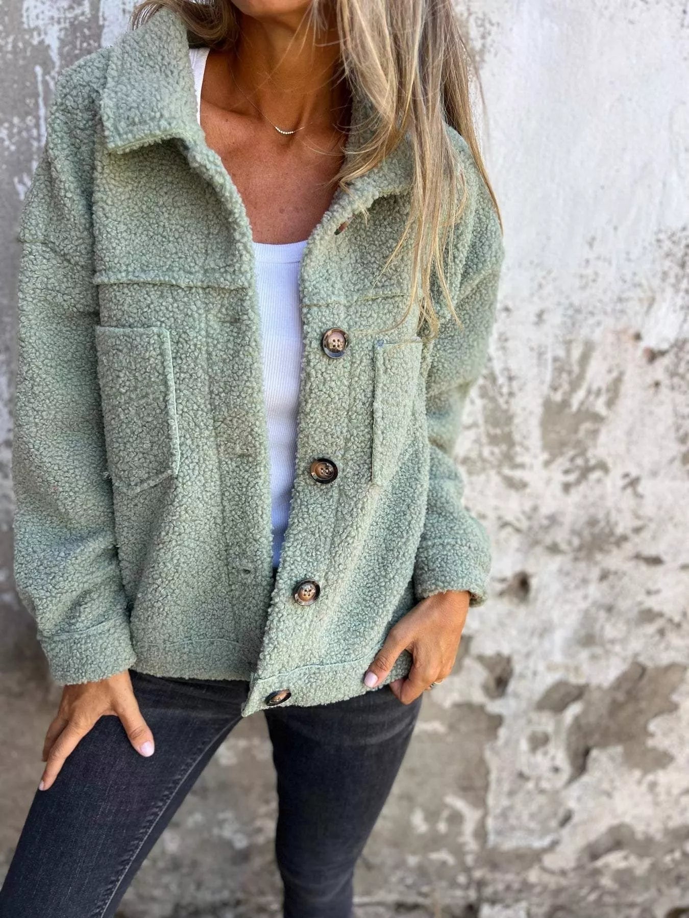 Full size single-breasted sherpa shacket for plus-size women. Soft, warm, and stylish for everyday wear.