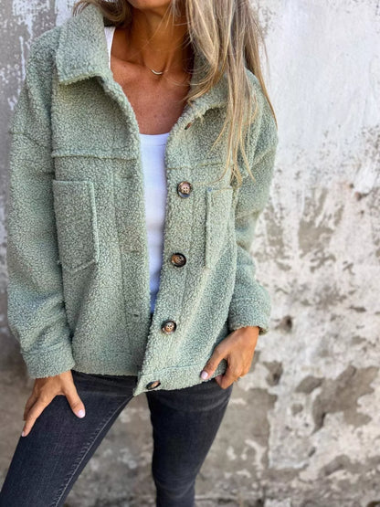 Full size single-breasted sherpa shacket for plus-size women. Soft, warm, and stylish for everyday wear.