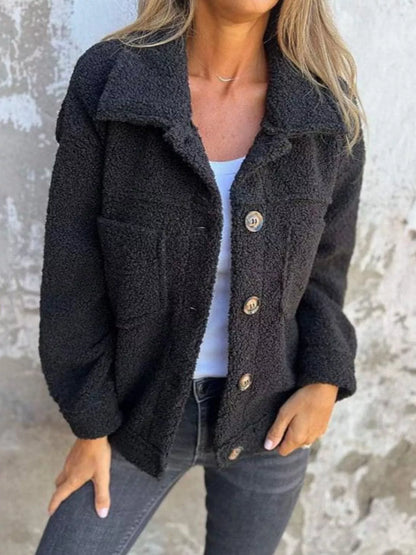 Plus Size Sherpa Shacket with single-breasted closure. Soft, warm, stylish layering jacket for women. Shop full-size outerwear at Opolay USA.