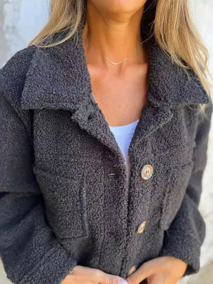 Plus Size Sherpa Shacket with single-breasted closure. Soft, warm, stylish layering jacket for women. Shop full-size outerwear at Opolay USA.