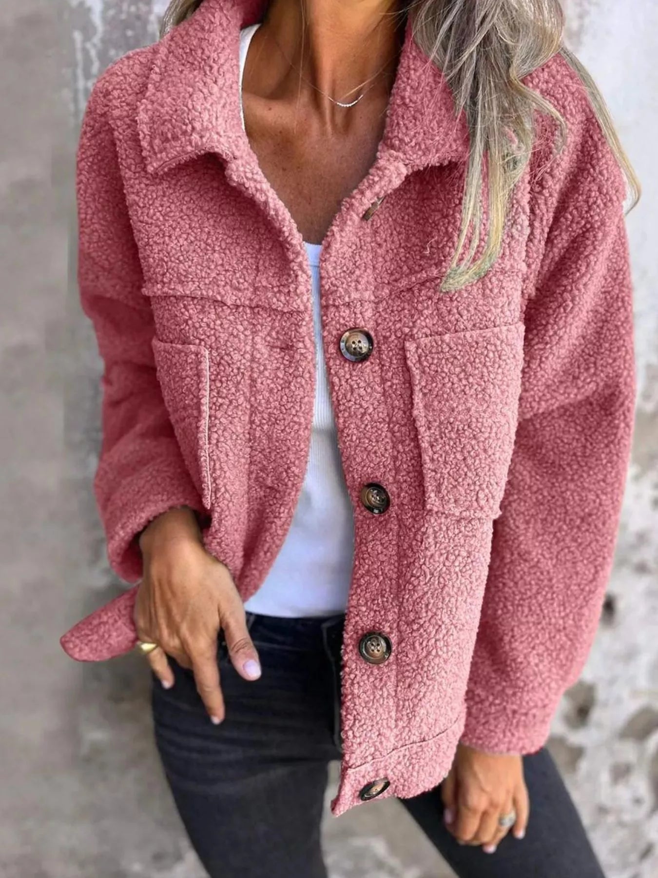 Plus Size Sherpa Shacket with single-breasted closure. Soft, warm, stylish layering jacket for women. Shop full-size outerwear at Opolay USA.