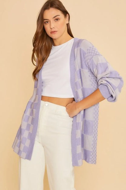  Annie Wear Checkered Open Front Drop Shoulder Cardigan at Opolay. Soft, cozy, and stylish knit for effortless layering. Free U.S. shipping