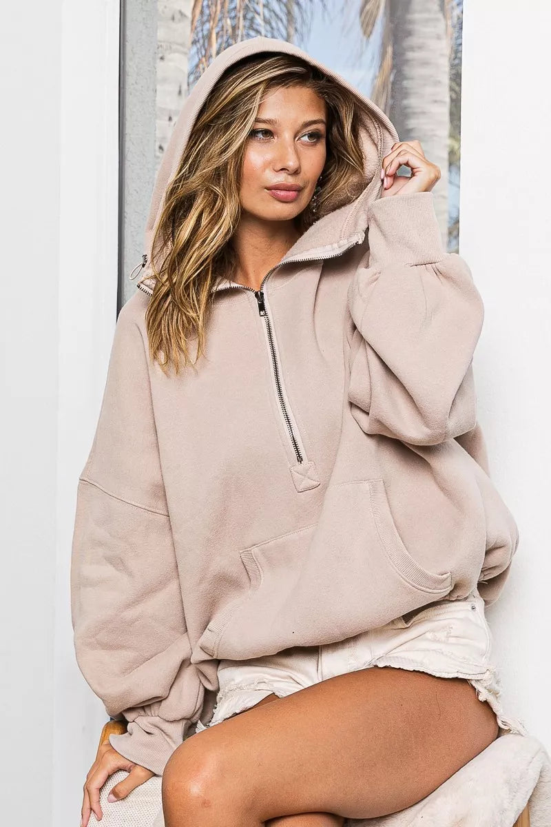 Opolay BiBi Stitch Detailed Elastic Hem Half Zip Fleece Hoodie |  New arrival women fashion