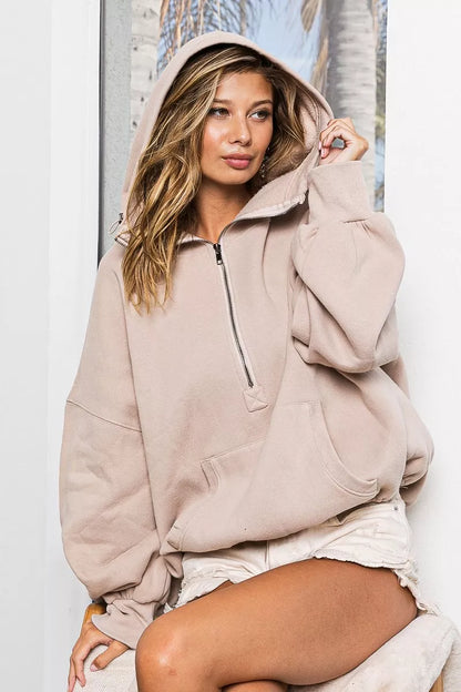 Opolay BiBi Stitch Detailed Elastic Hem Half Zip Fleece Hoodie |  New arrival women fashion