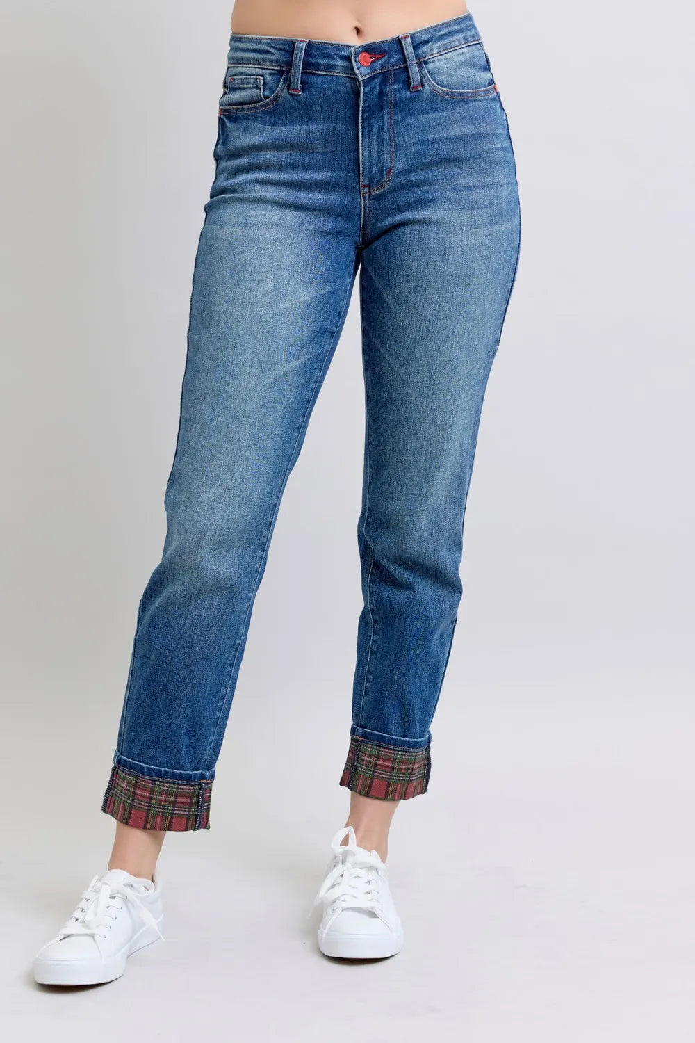 Judy Blue plaid cuff jeans with pockets. Full size straight leg denim for women. Trendy, comfy, and perfect for everyday wear.