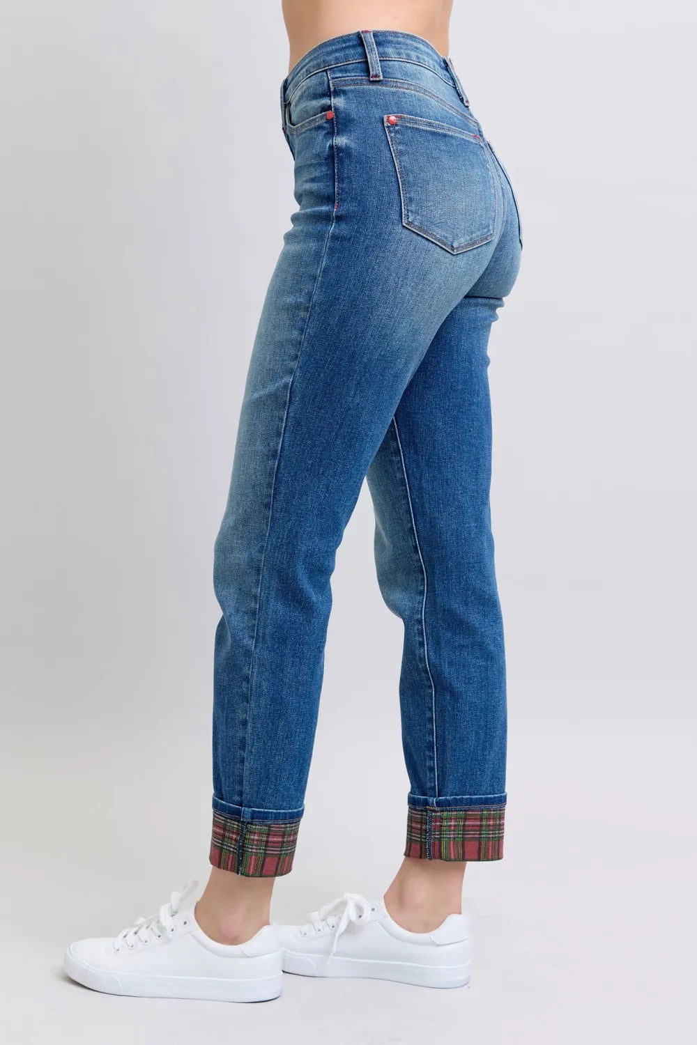 Judy Blue plaid cuff jeans with pockets