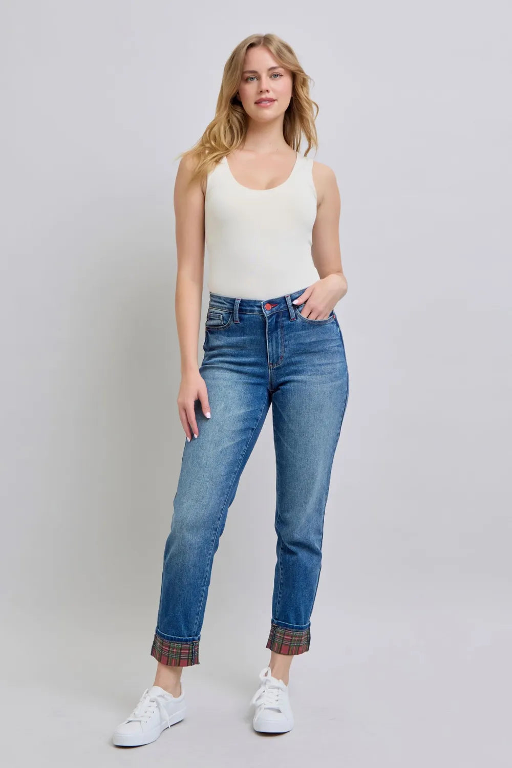 Stay stylish with Judy Blue Plaid Print Cuff Straight Leg Jeans. Full-size fit, soft stretch denim, and perfect pockets. Shop boutique denim USA!