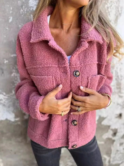Plus Size Sherpa Shacket with single-breasted closure. Soft, warm, stylish layering jacket for women. Shop full-size outerwear at Opolay USA.
